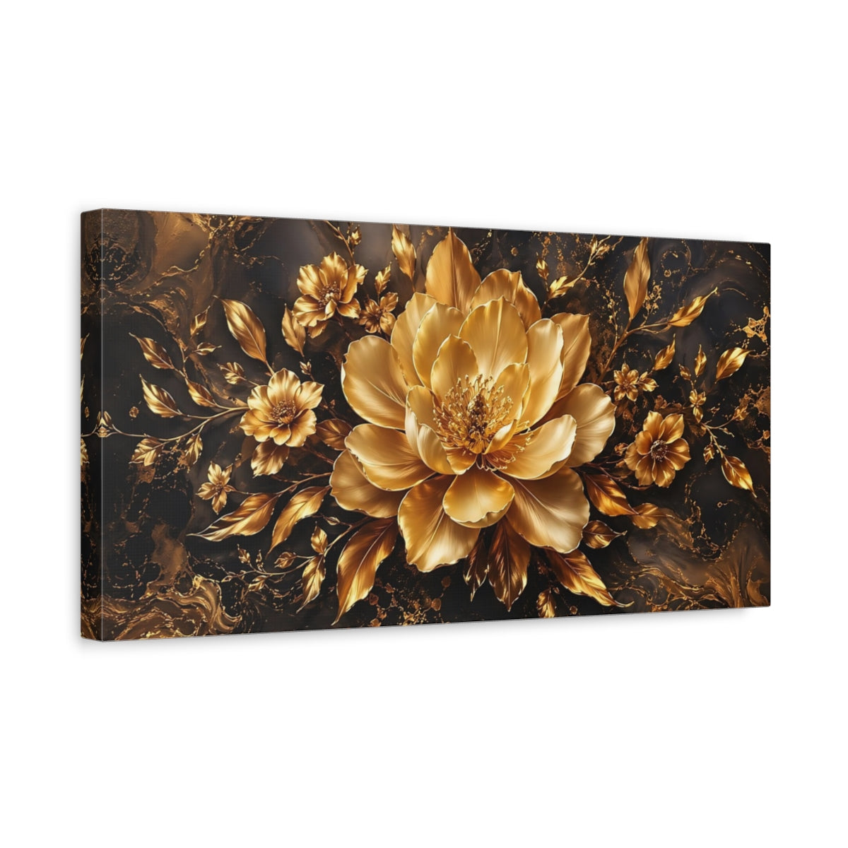 Side Mockup 3. Floral Golden Flower Gold And Black shown as stretched canvas wall art