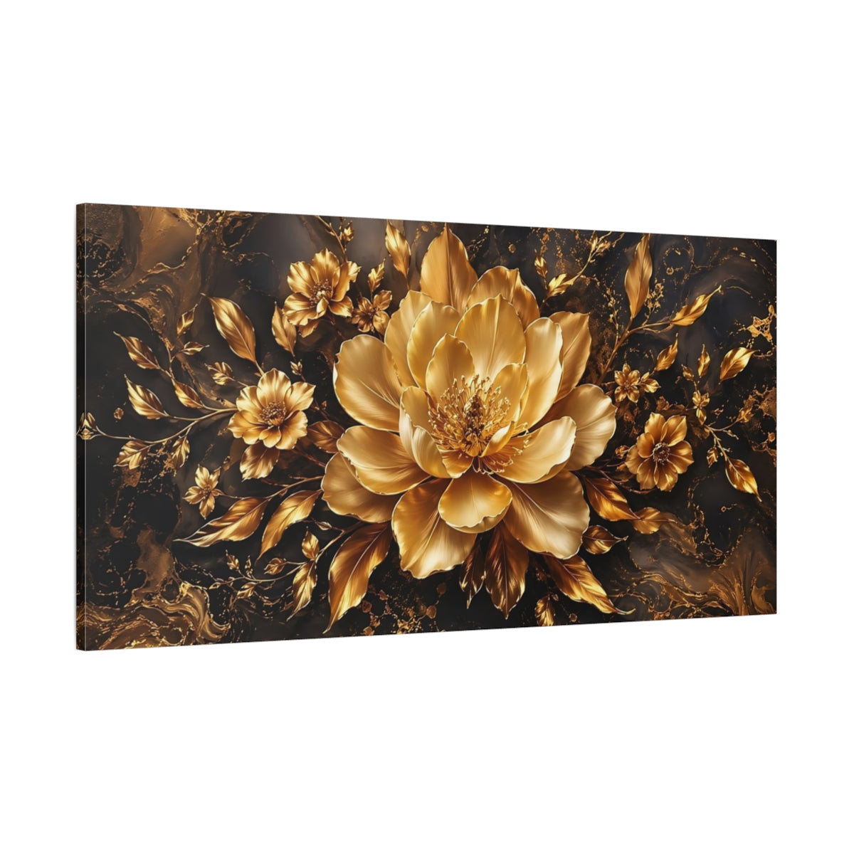 Side Mockup 2. Floral Golden Flower Gold And Black shown as stretched canvas wall art