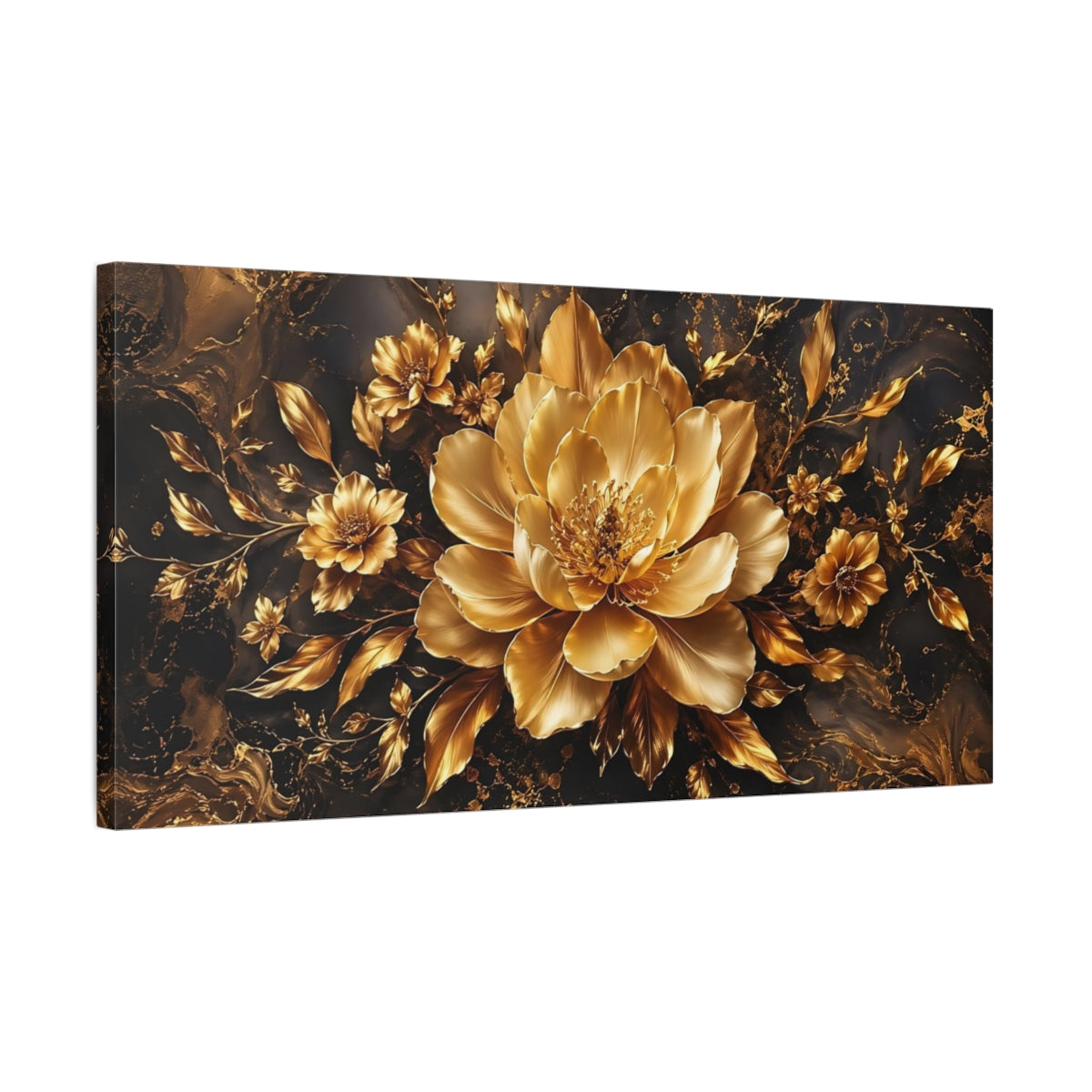 Side Mockup 1. Floral Golden Flower Gold And Black shown as stretched canvas wall art