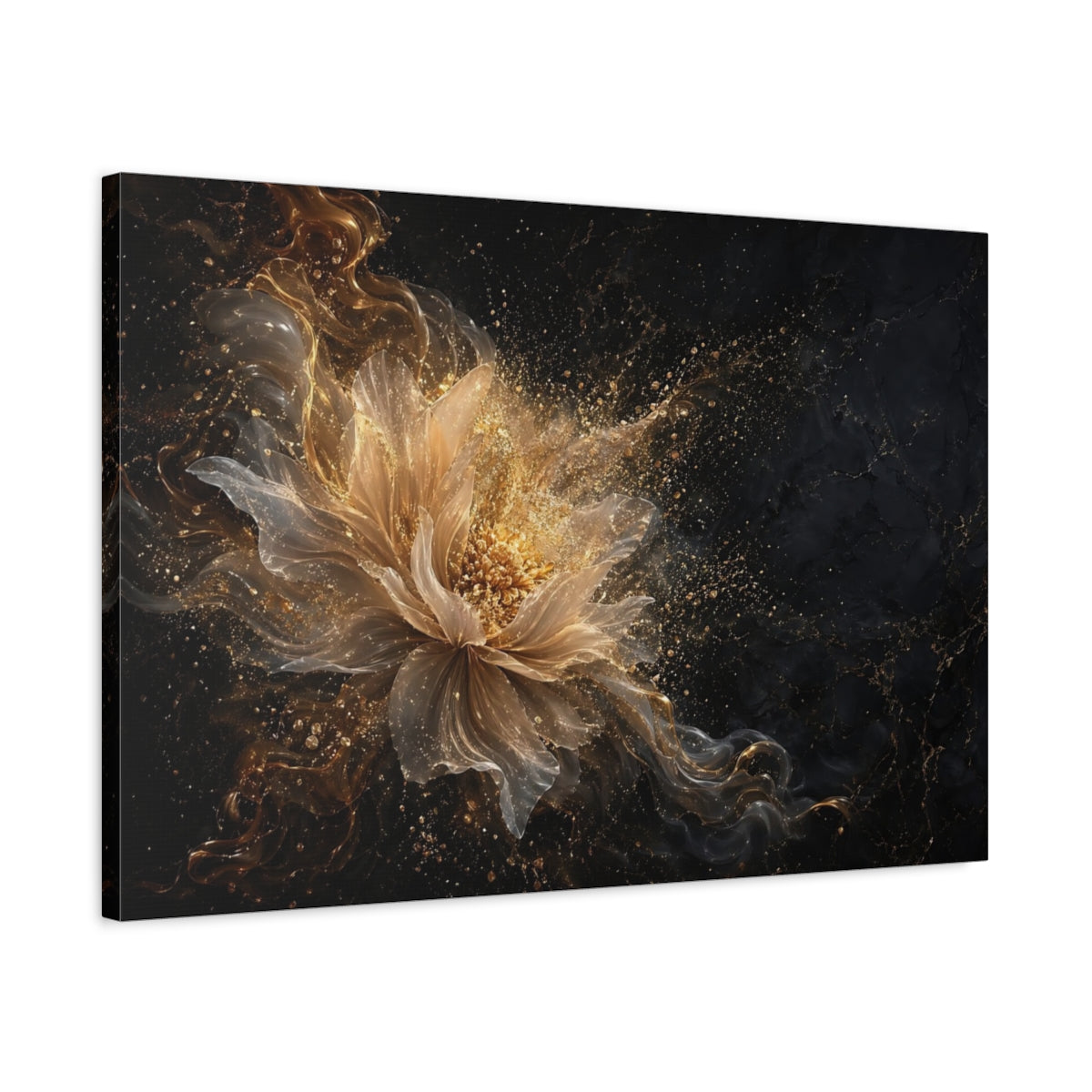 Side Mockup 2. Floral Golden Flower Gold And Black shown as stretched canvas wall art