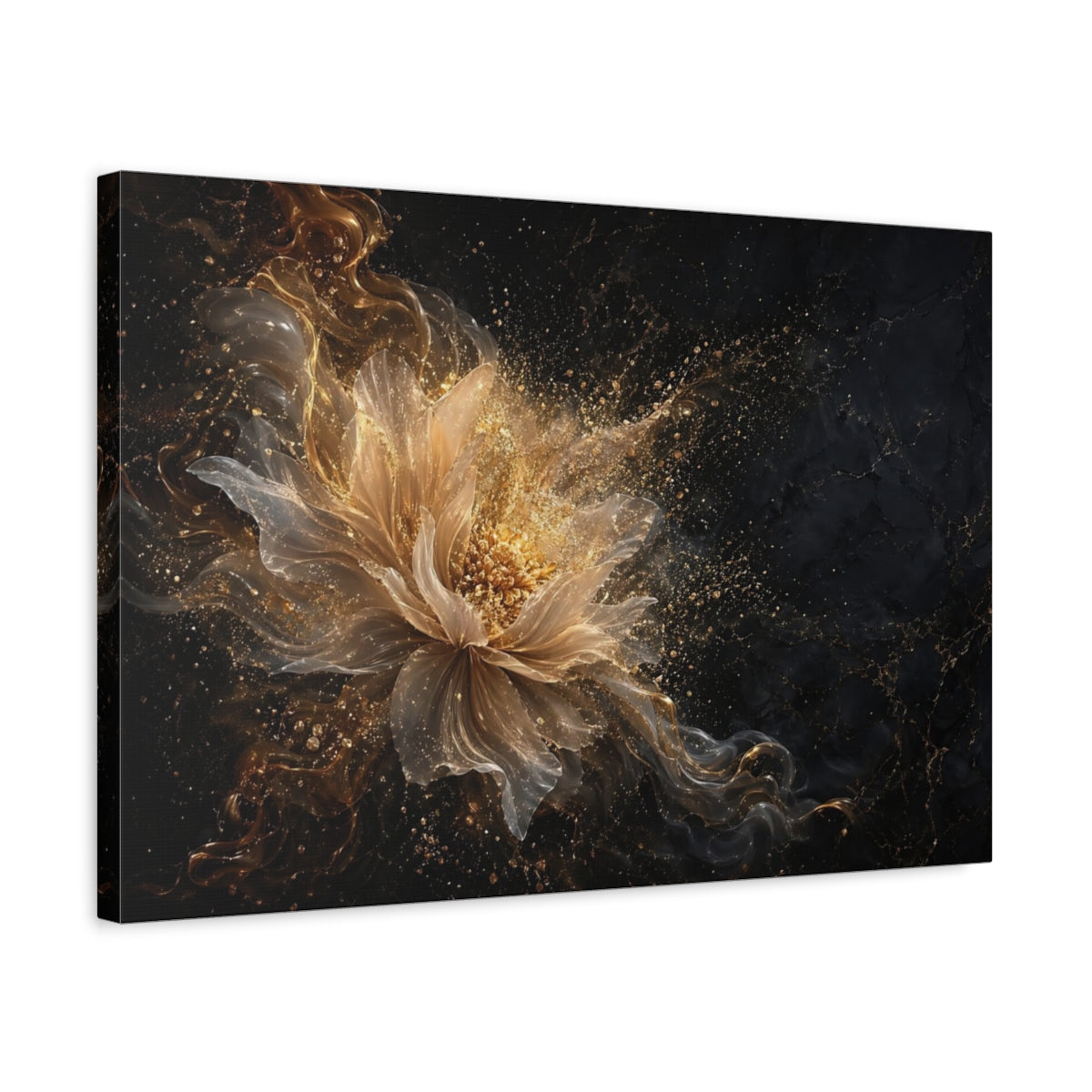Side Mockup 3. Floral Golden Flower Gold And Black shown as stretched canvas wall art