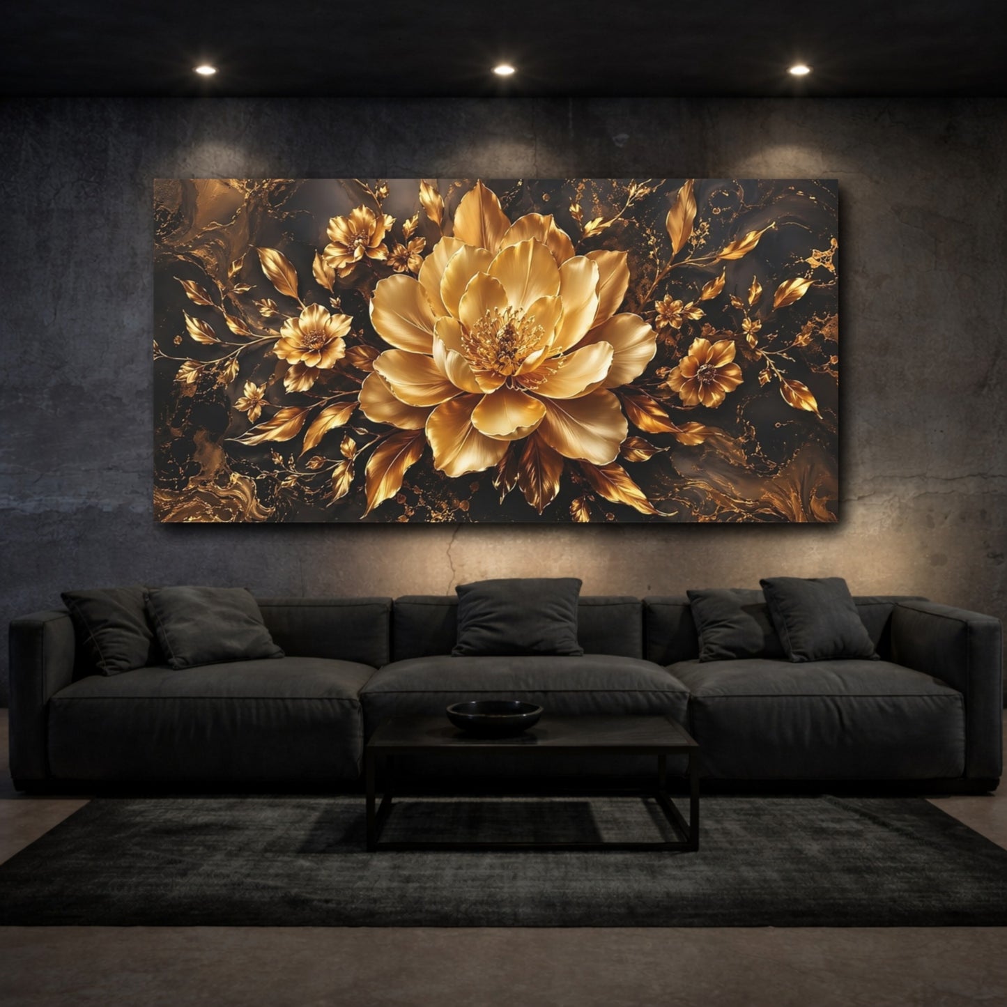 Mockup 2. Floral Golden Flower Gold And Black shown as stretched canvas wall art
