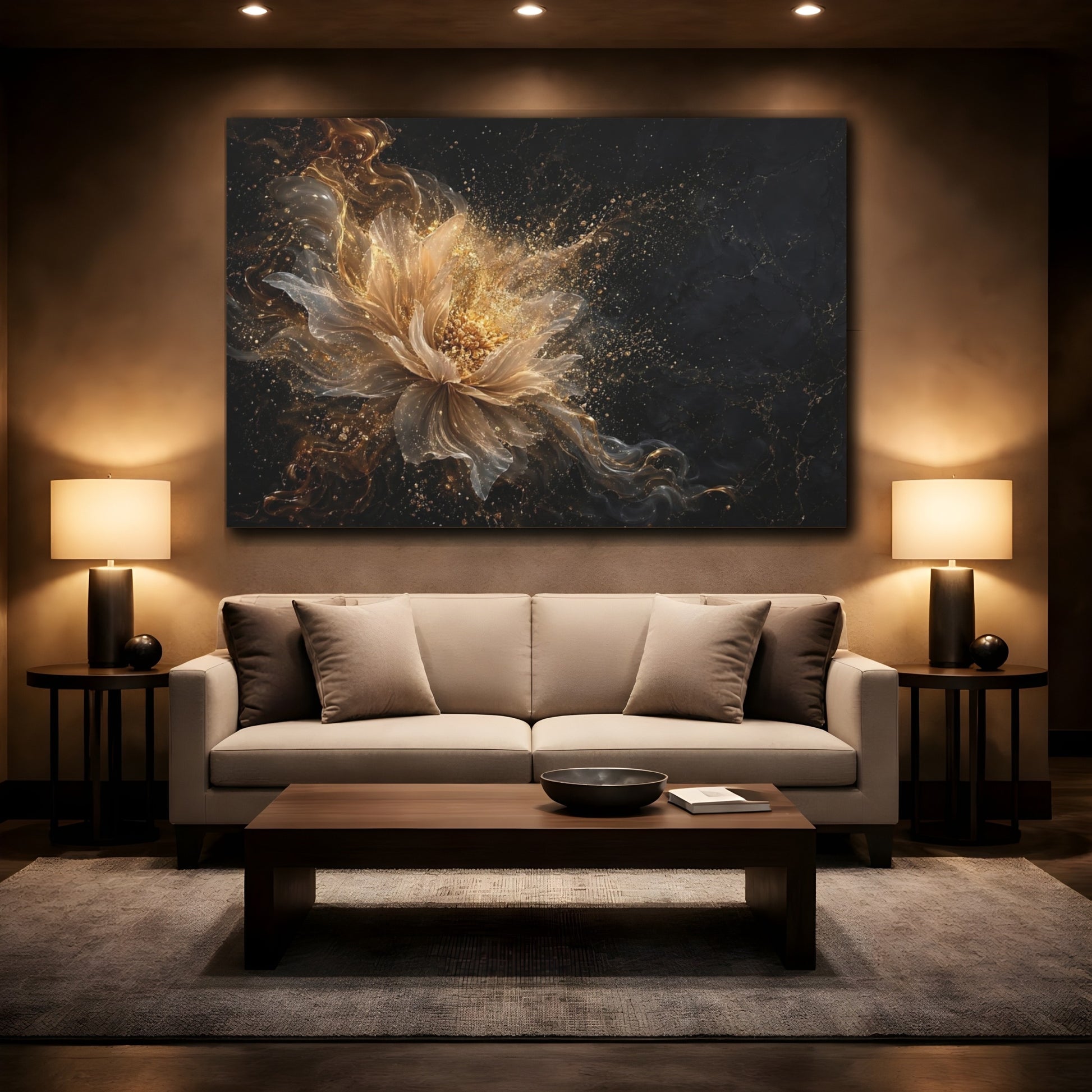 Mockup 2. Floral Golden Flower Gold And Black shown as stretched canvas wall art