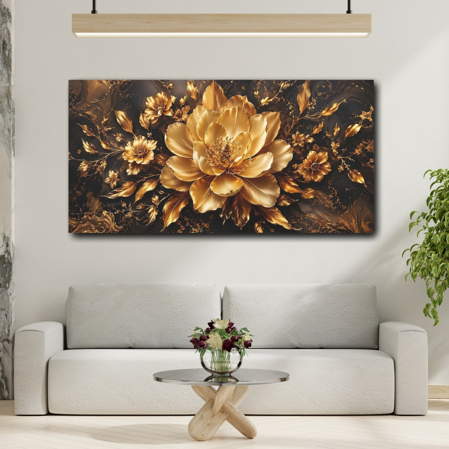 Mockup 3. Floral Golden Flower Gold And Black shown as stretched canvas wall art