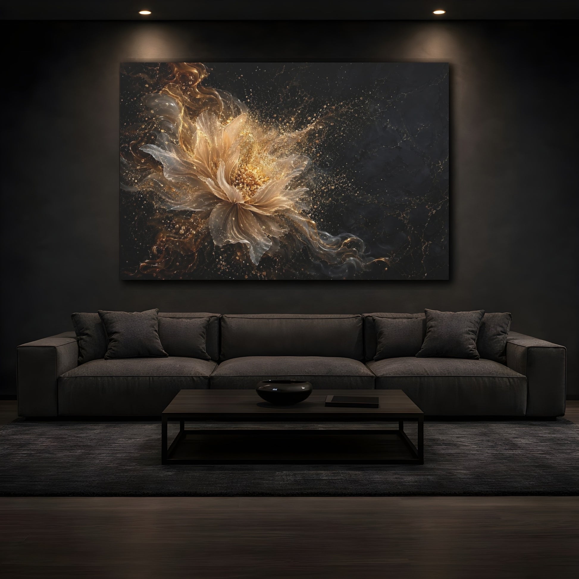 Mockup 3. Floral Golden Flower Gold And Black shown as stretched canvas wall art