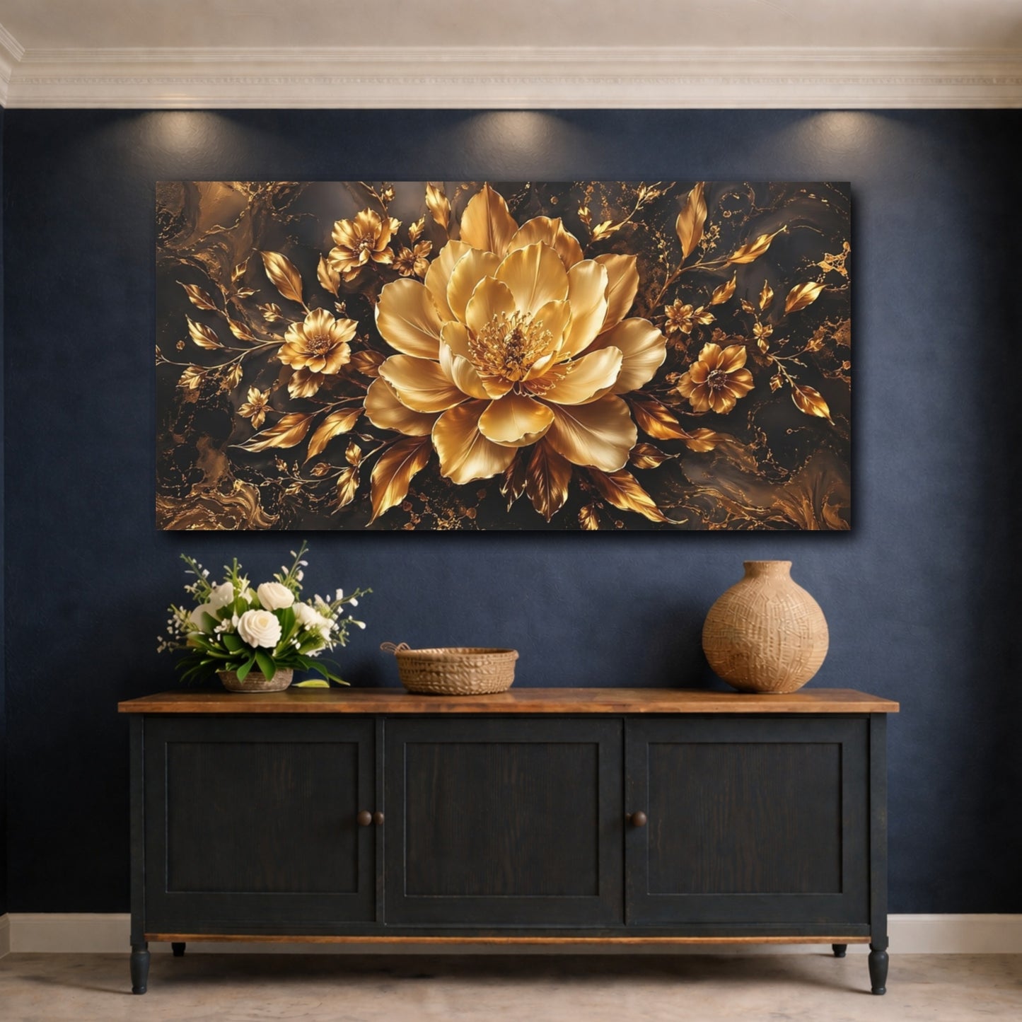 Mockup 4. Floral Golden Flower Gold And Black shown as stretched canvas wall art