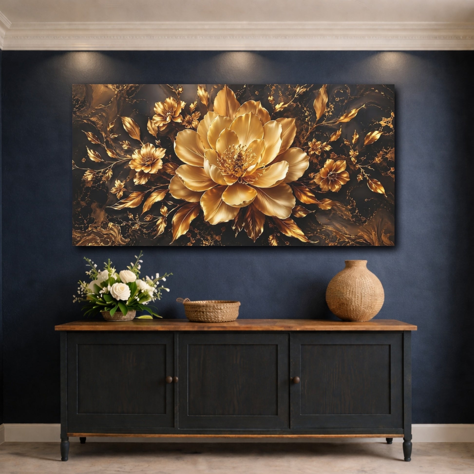Mockup 4. Floral Golden Flower Gold And Black shown as stretched canvas wall art