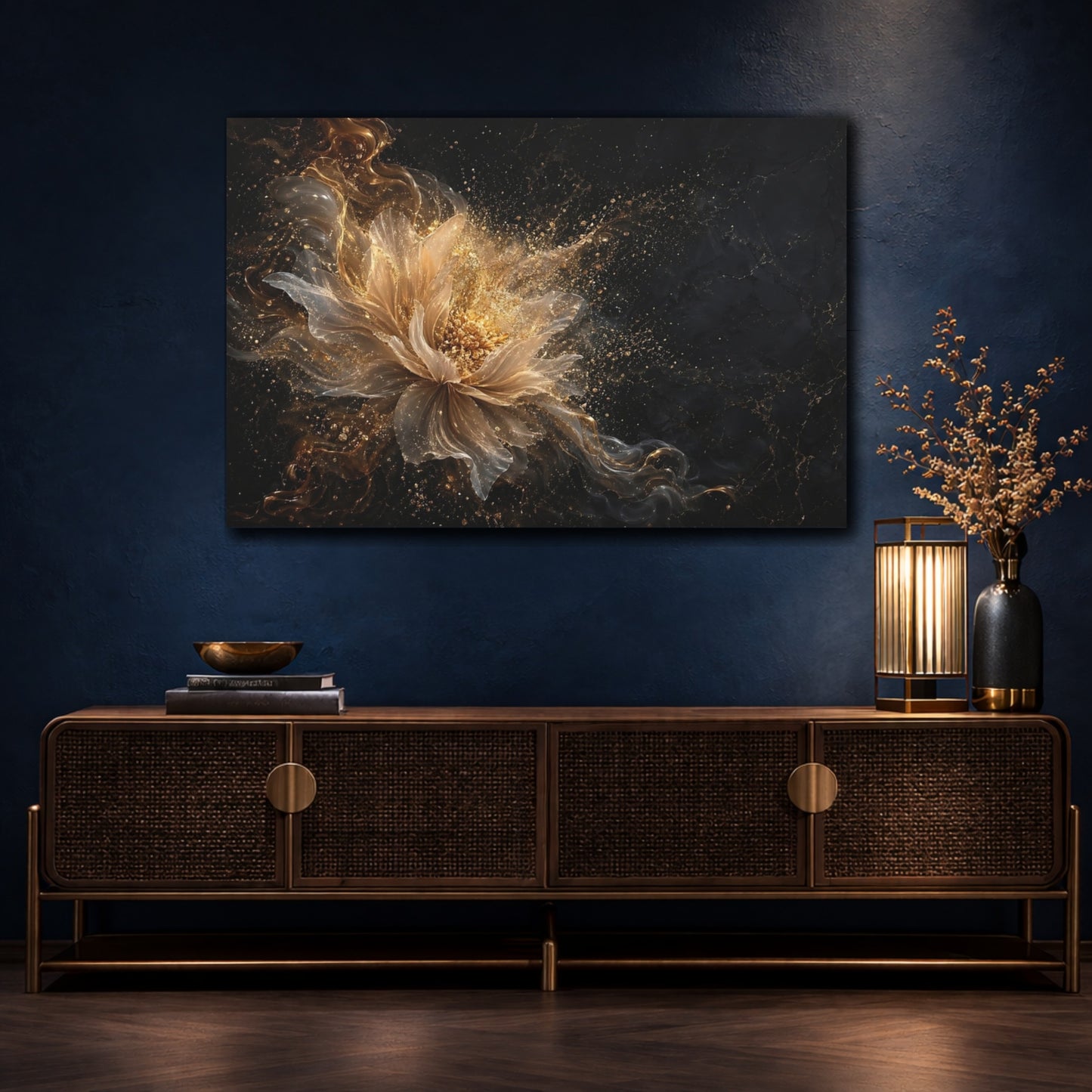Mockup 4. Floral Golden Flower Gold And Black shown as stretched canvas wall art