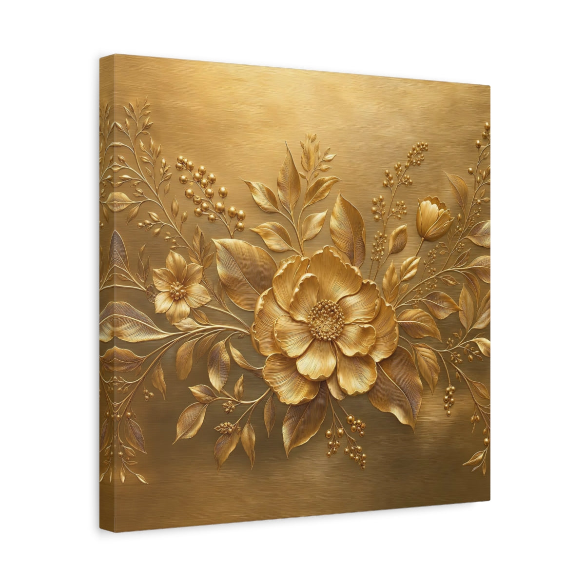 Side Mockup 6. Floral Golden Flower Gold Floral shown as stretched canvas wall art