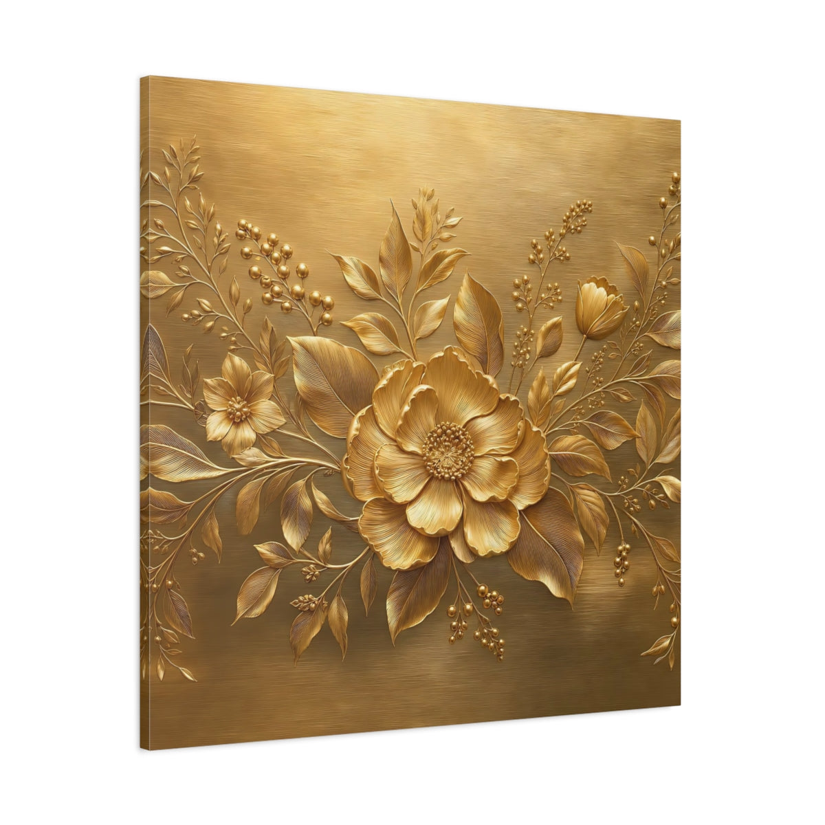 Side Mockup 1. Floral Golden Flower Gold Floral shown as stretched canvas wall art