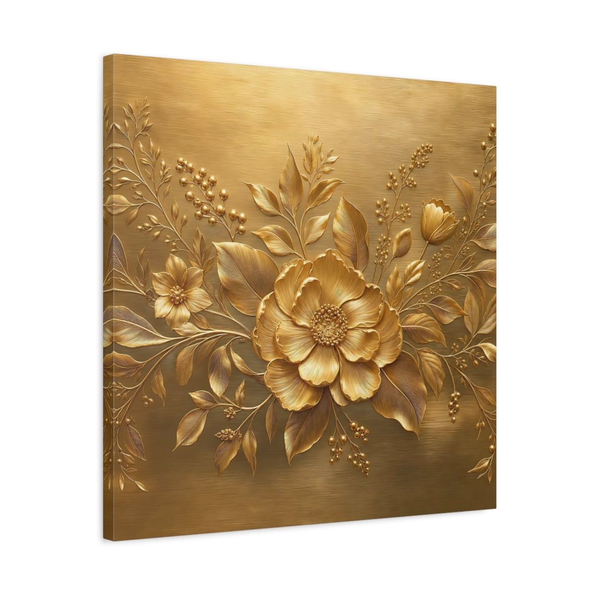 Side Mockup 4. Floral Golden Flower Gold Floral shown as stretched canvas wall art