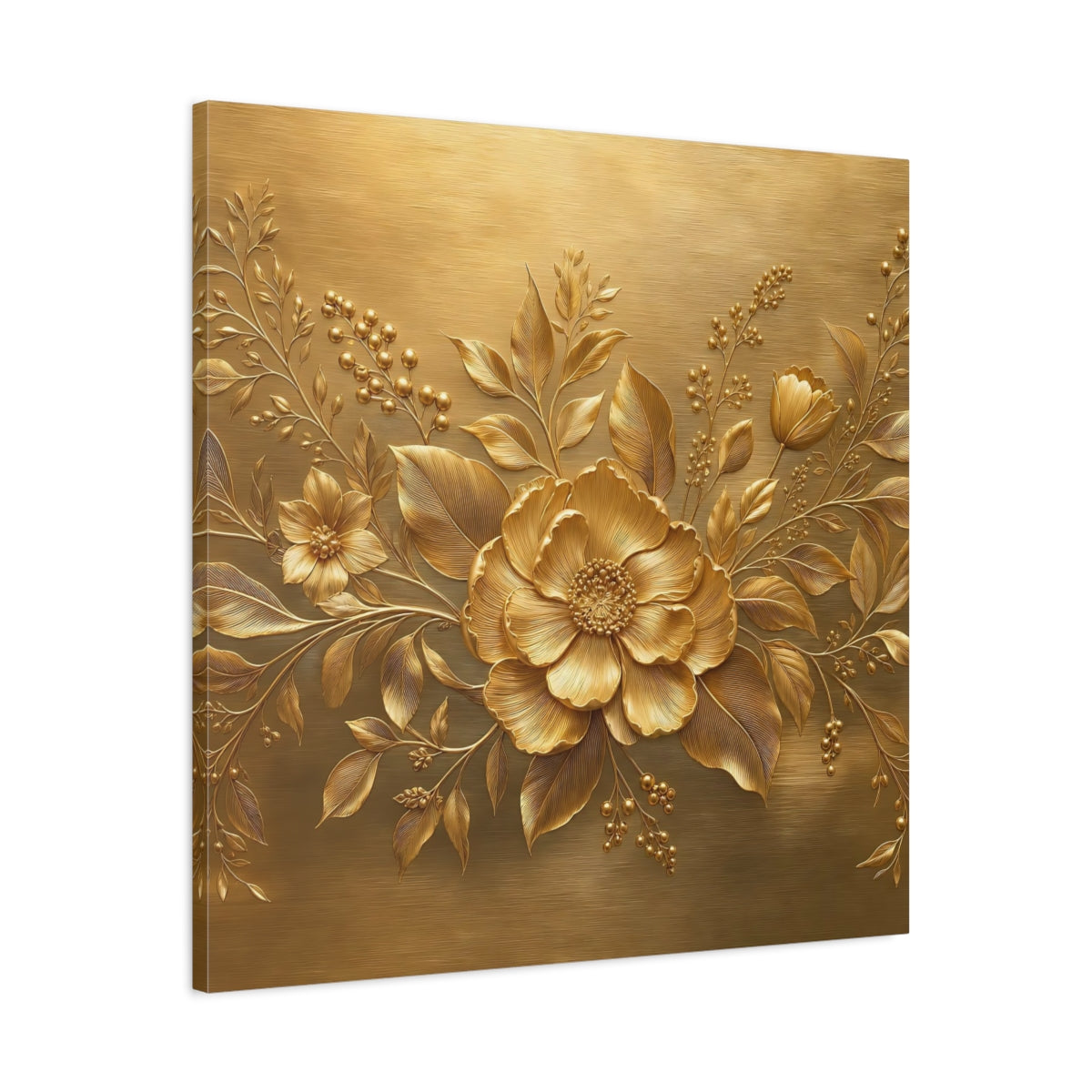 Side Mockup 3. Floral Golden Flower Gold Floral shown as stretched canvas wall art