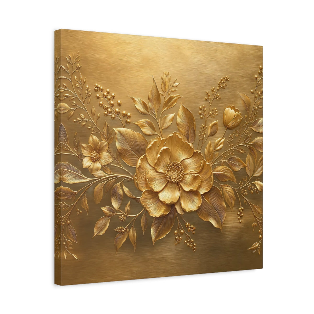 Side Mockup 5. Floral Golden Flower Gold Floral shown as stretched canvas wall art