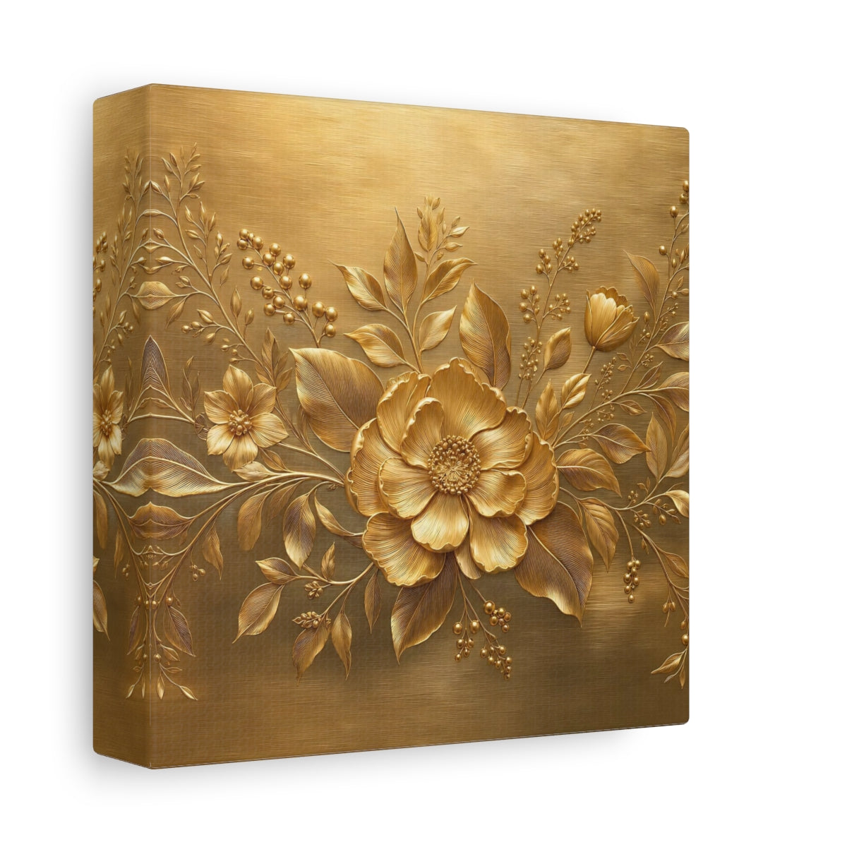 Side Mockup 2. Floral Golden Flower Gold Floral shown as stretched canvas wall art