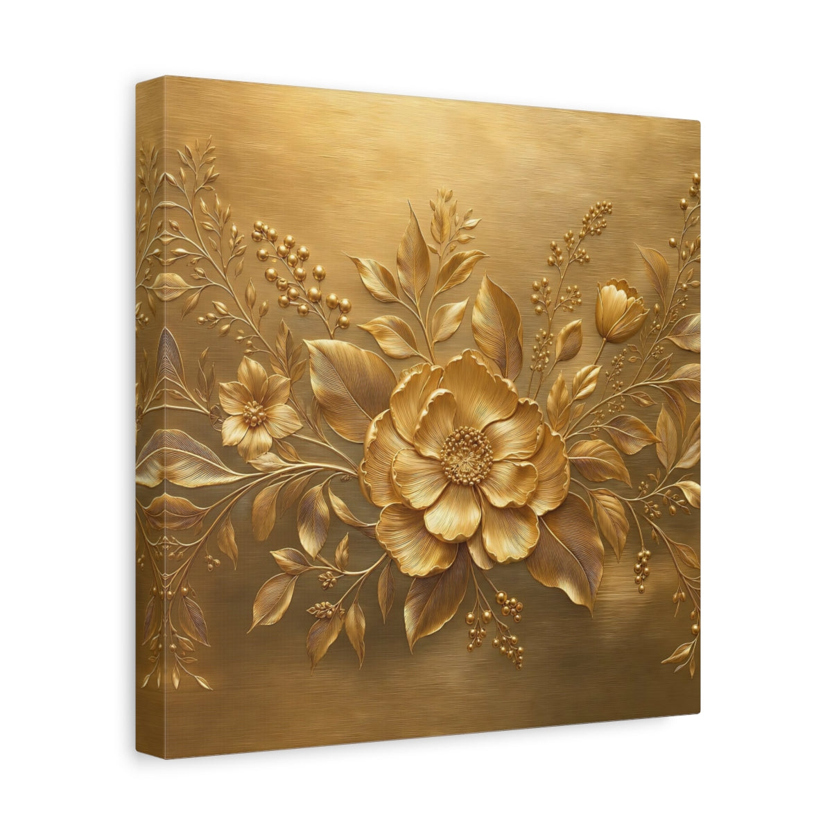 Side Mockup 8. Floral Golden Flower Gold Floral shown as stretched canvas wall art