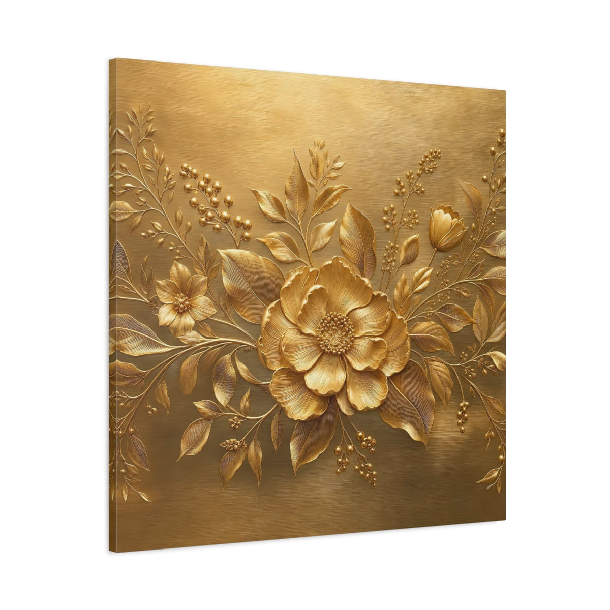 Main Mockup. Floral Golden Flower Gold Floral shown as stretched canvas wall art