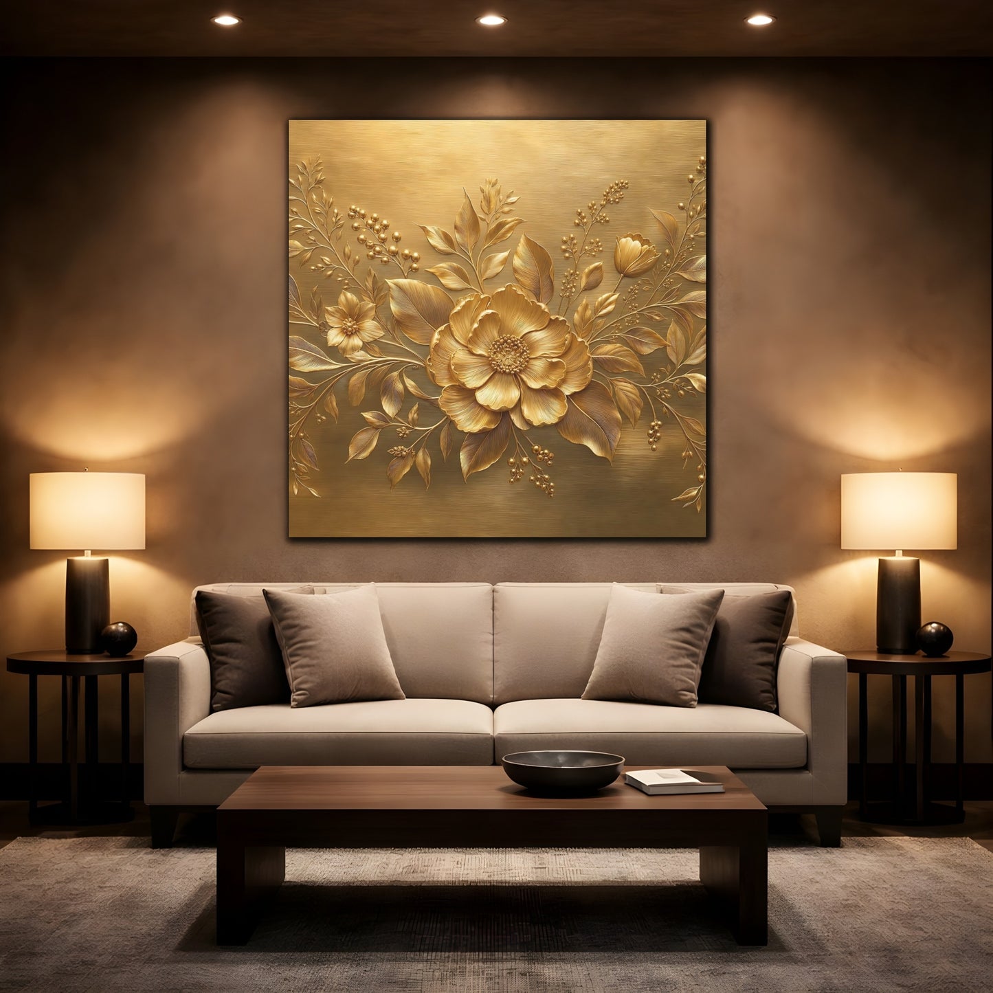 Mockup 2. Floral Golden Flower Gold Floral shown as stretched canvas wall art