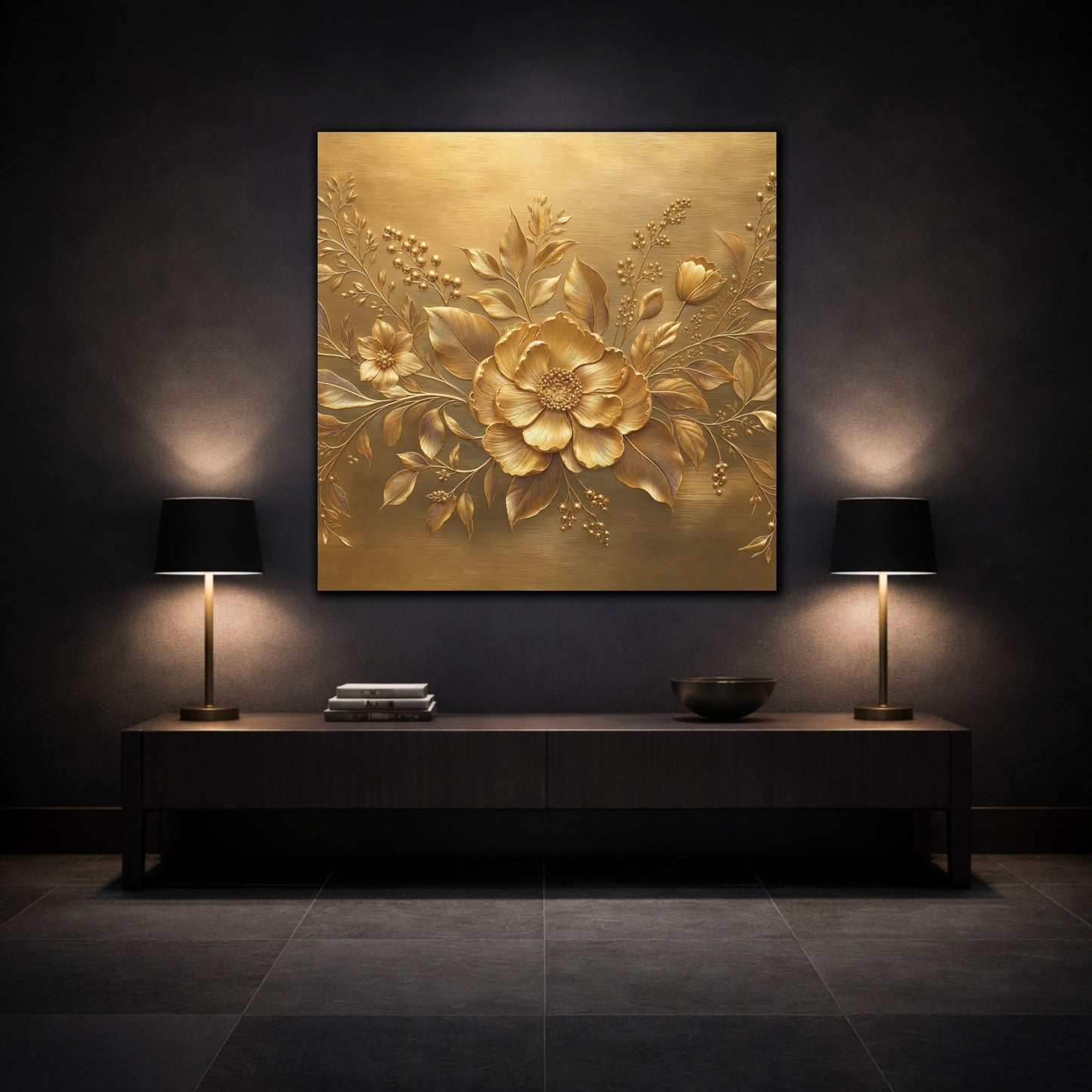 Mockup 3. Floral Golden Flower Gold Floral shown as stretched canvas wall art