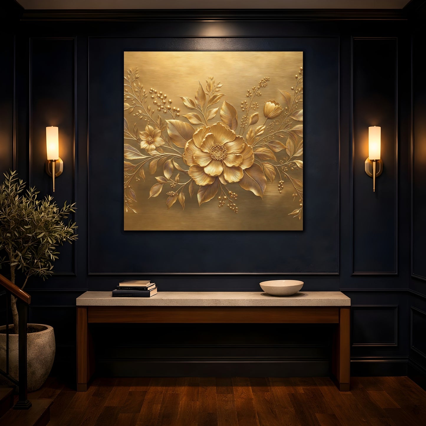 Mockup 4. Floral Golden Flower Gold Floral shown as stretched canvas wall art