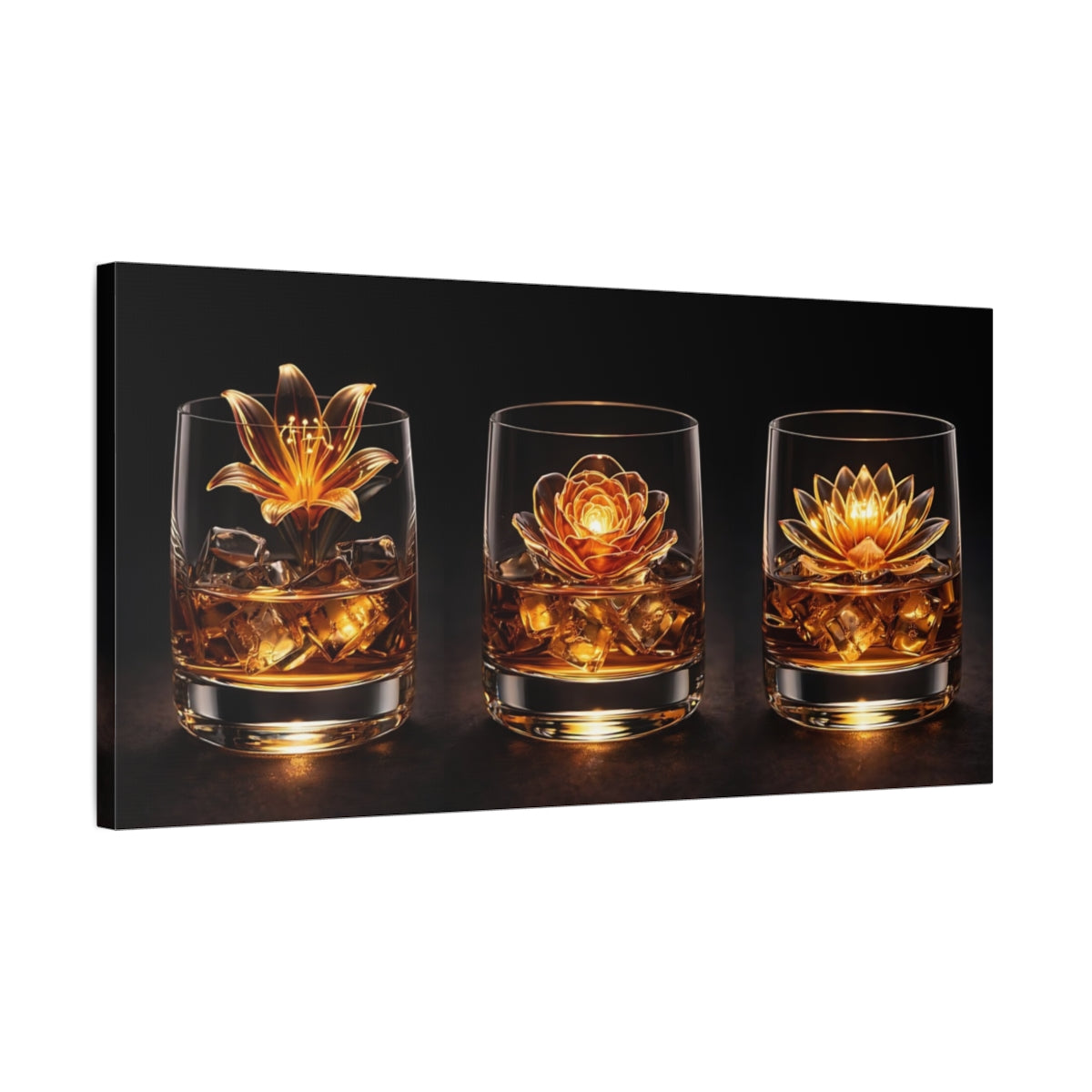 Side Mockup 1. Floral Golden Flowers Golden Floral shown as stretched canvas wall art