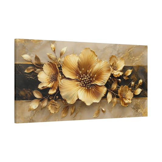Main Mockup. Floral Golden Flowers Gold And Black shown as stretched canvas wall art