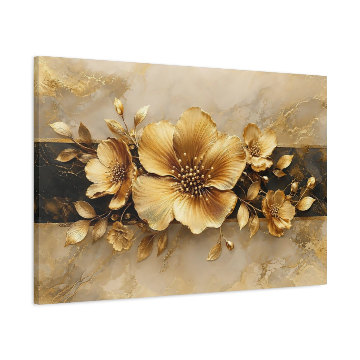Main Mockup. Floral Golden Flowers Gold And Black shown as stretched canvas wall art