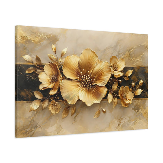 Main Mockup. Floral Golden Flowers Gold And Black shown as stretched canvas wall art