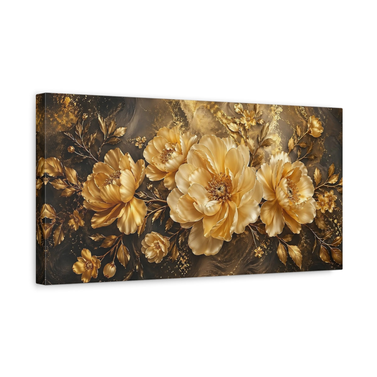 Side Mockup 3. Floral Golden Flowers Gold And Black shown as stretched canvas wall art