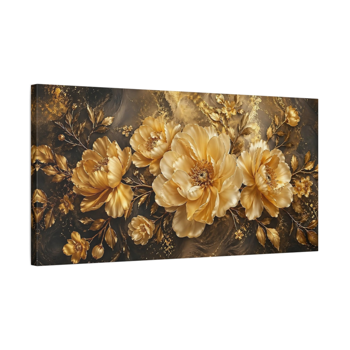 Side Mockup 1. Floral Golden Flowers Gold And Black shown as stretched canvas wall art
