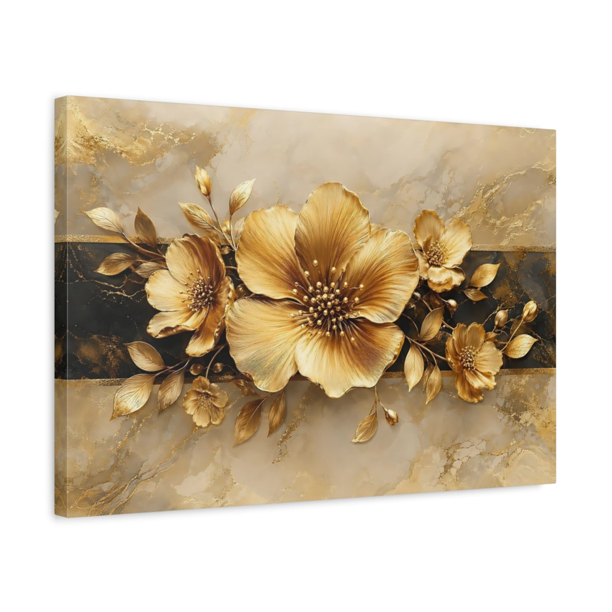 Side Mockup 3. Floral Golden Flowers Gold And Black shown as stretched canvas wall art