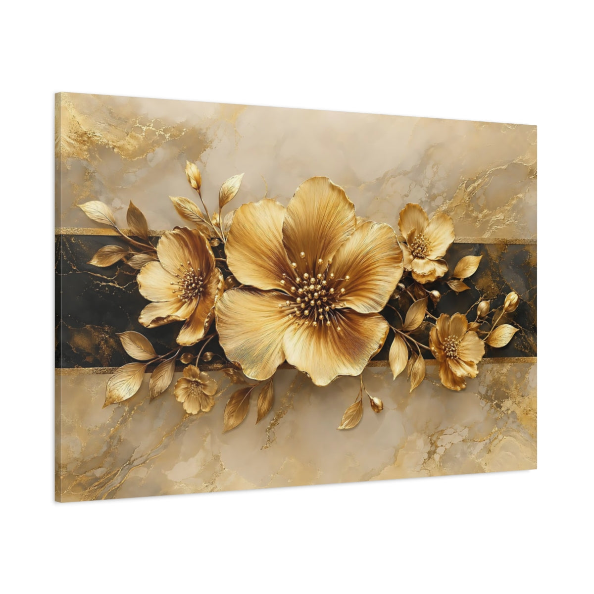 Side Mockup 1. Floral Golden Flowers Gold And Black shown as stretched canvas wall art