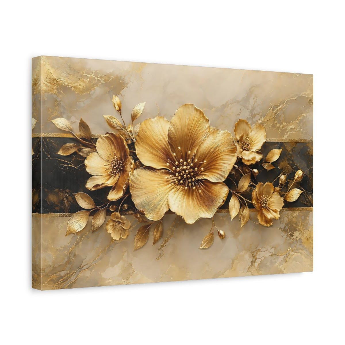 Side Mockup 4. Floral Golden Flowers Gold And Black shown as stretched canvas wall art