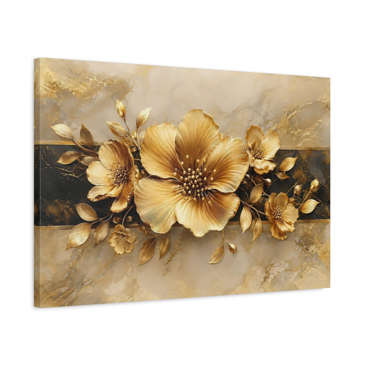 Side Mockup 2. Floral Golden Flowers Gold And Black shown as stretched canvas wall art