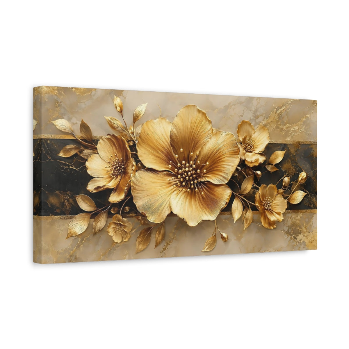 Side Mockup 3. Floral Golden Flowers Gold And Black shown as stretched canvas wall art