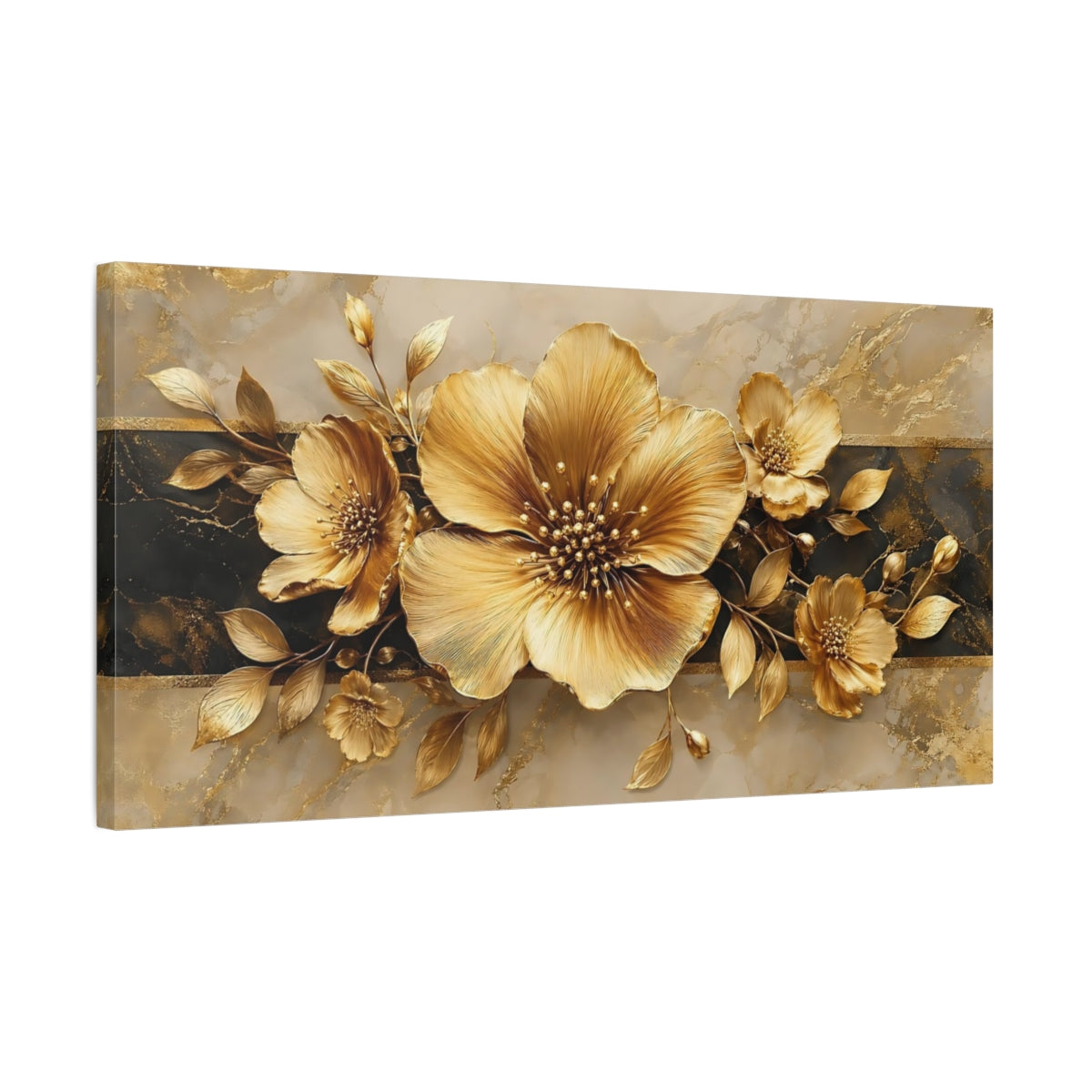 Side Mockup 1. Floral Golden Flowers Gold And Black shown as stretched canvas wall art