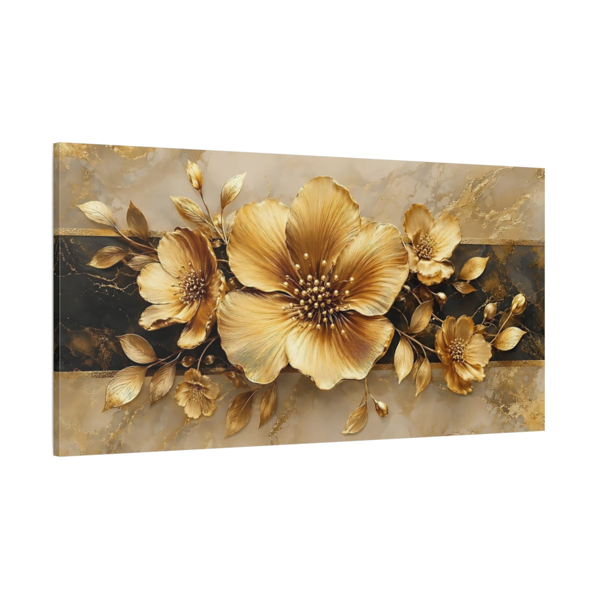 Side Mockup 2. Floral Golden Flowers Gold And Black shown as stretched canvas wall art