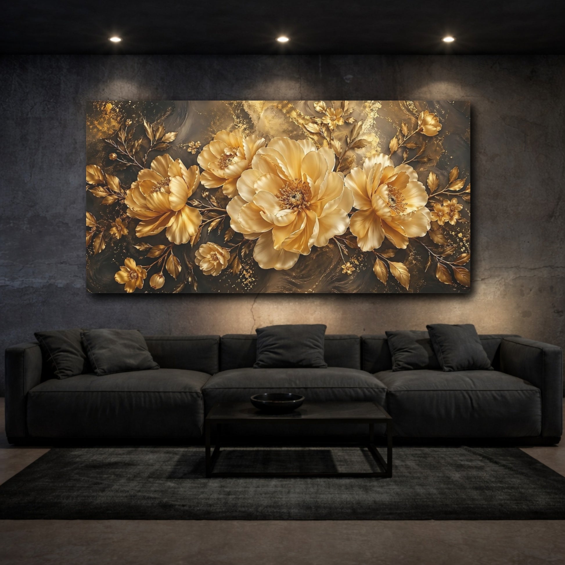 Mockup 2. Floral Golden Flowers Gold And Black shown as stretched canvas wall art
