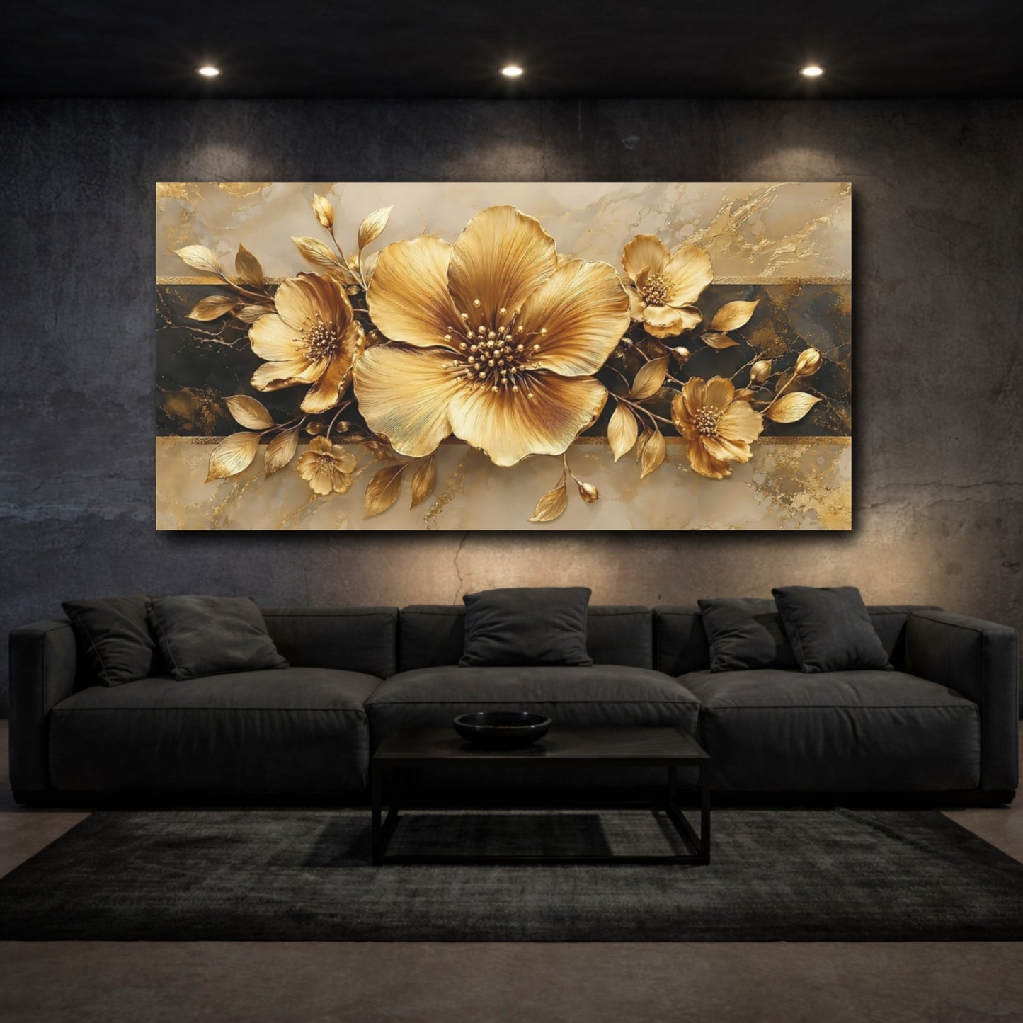 Mockup 2. Floral Golden Flowers Gold And Black shown as stretched canvas wall art