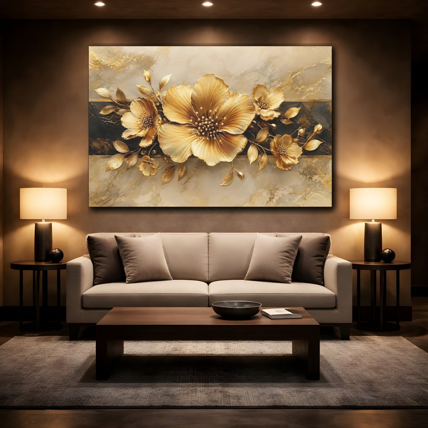 Mockup 2. Floral Golden Flowers Gold And Black shown as stretched canvas wall art