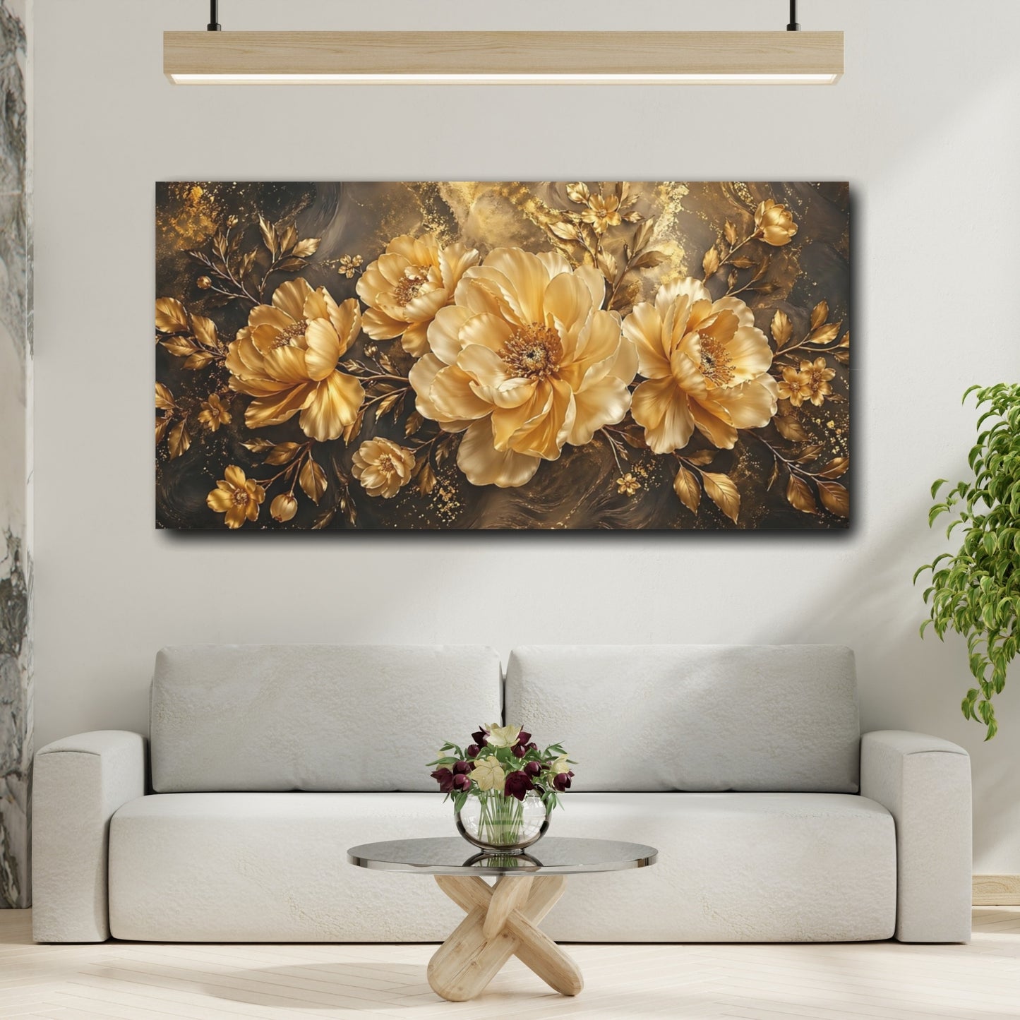 Mockup 3. Floral Golden Flowers Gold And Black shown as stretched canvas wall art