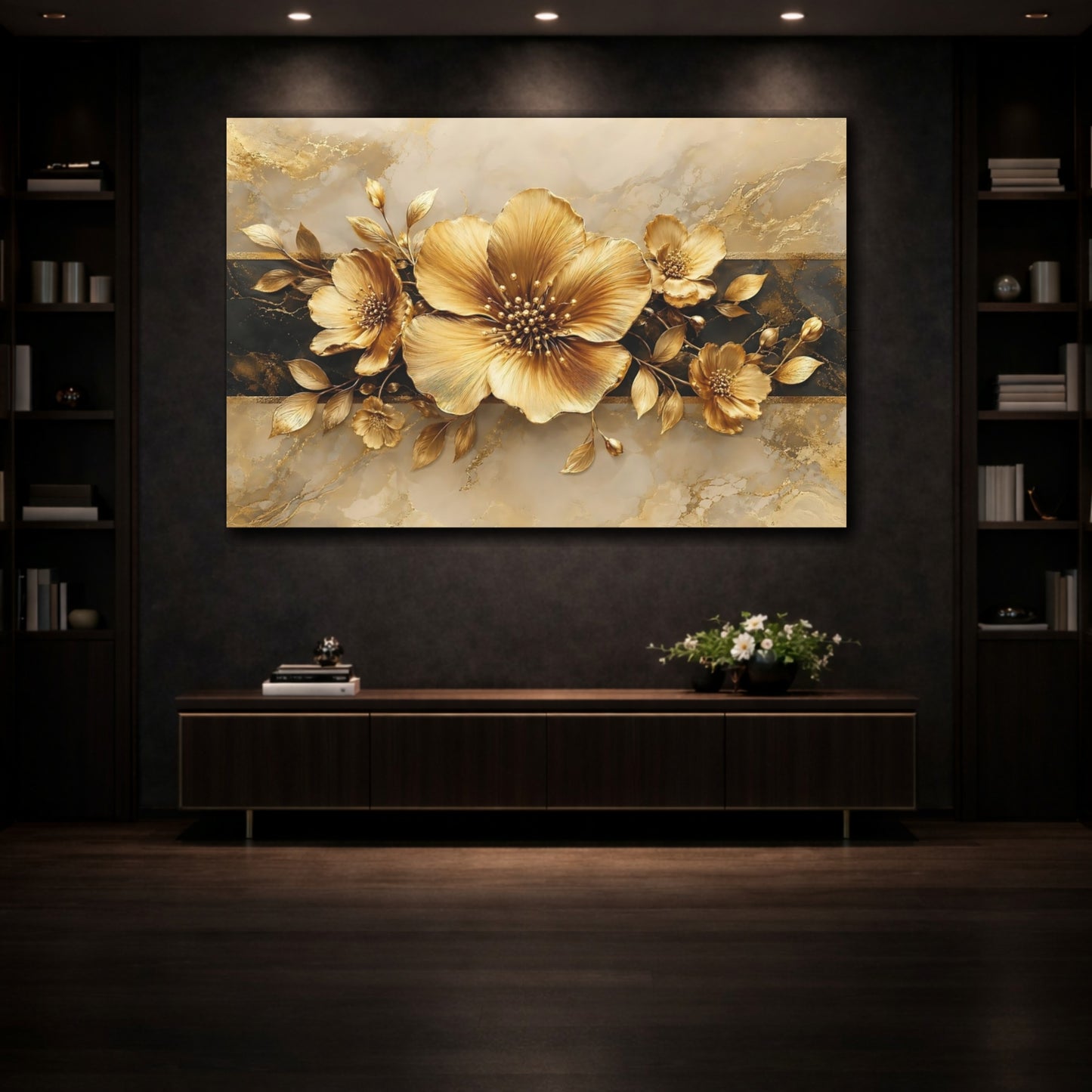 Mockup 3. Floral Golden Flowers Gold And Black shown as stretched canvas wall art