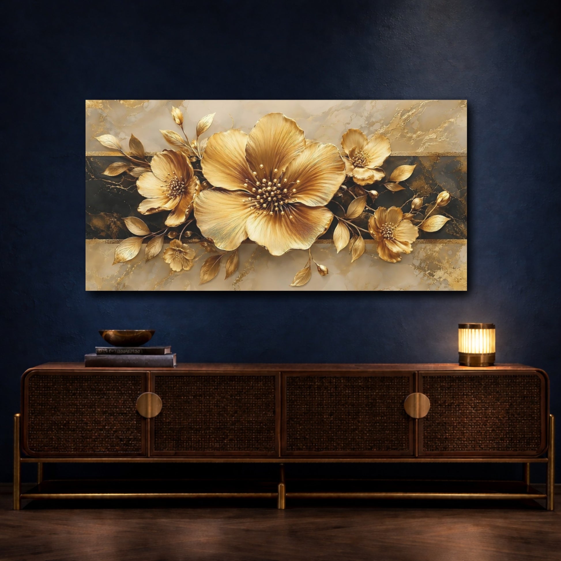 Mockup 3. Floral Golden Flowers Gold And Black shown as stretched canvas wall art