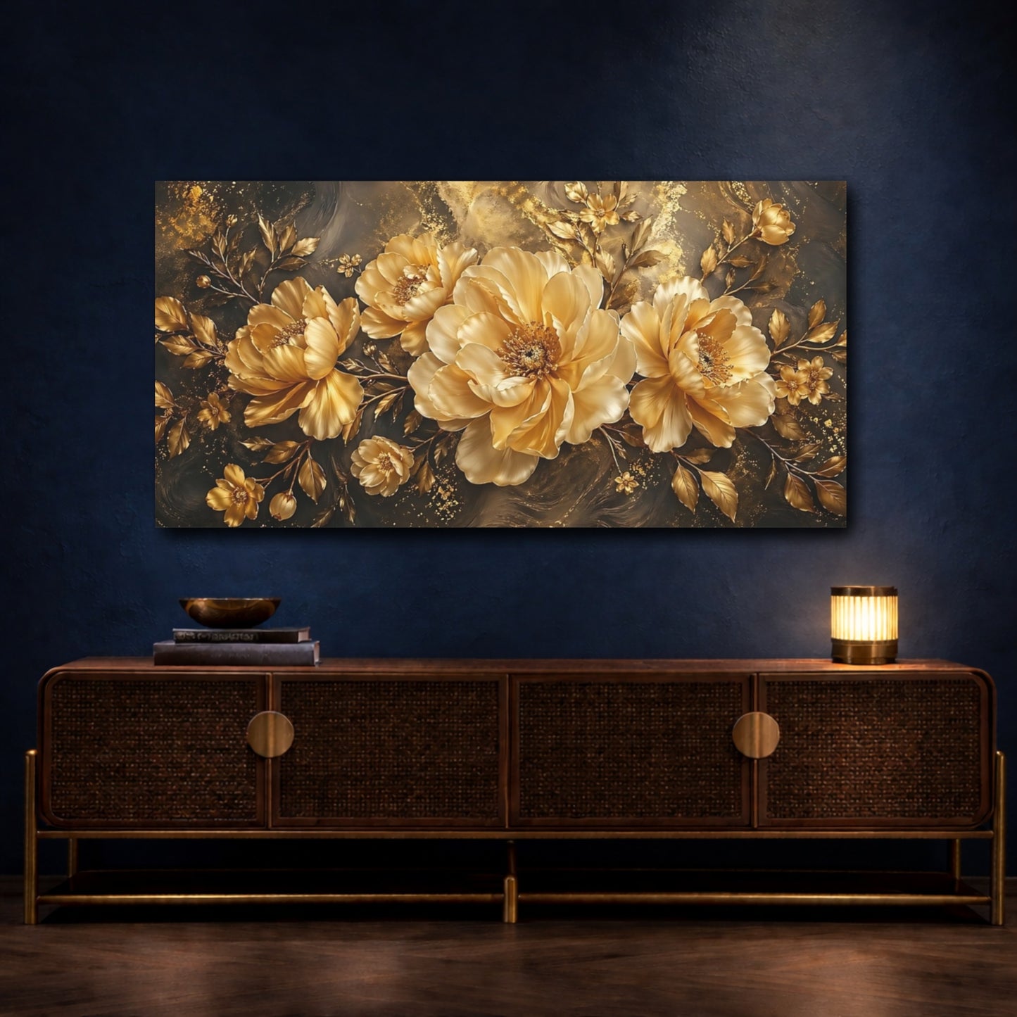 Mockup 4. Floral Golden Flowers Gold And Black shown as stretched canvas wall art