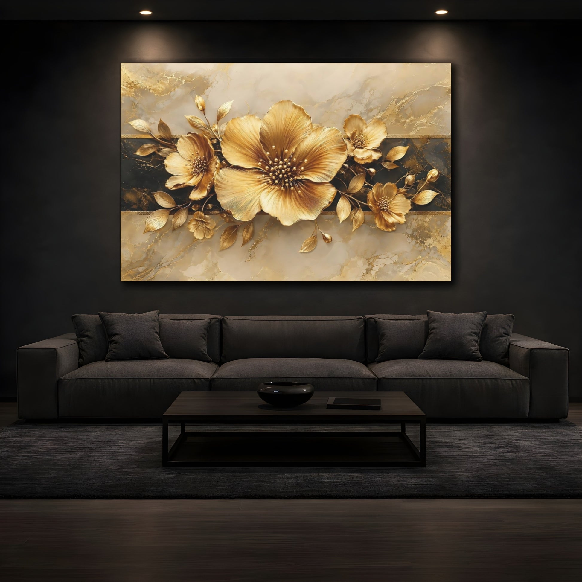 Mockup 4. Floral Golden Flowers Gold And Black shown as stretched canvas wall art