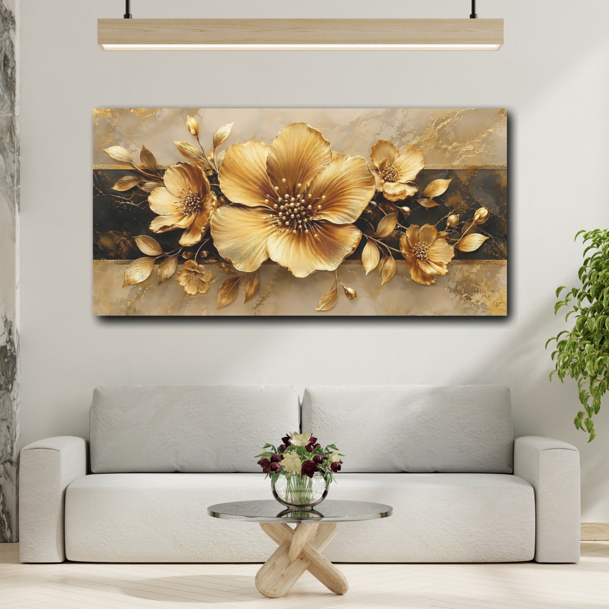 Mockup 4. Floral Golden Flowers Gold And Black shown as stretched canvas wall art
