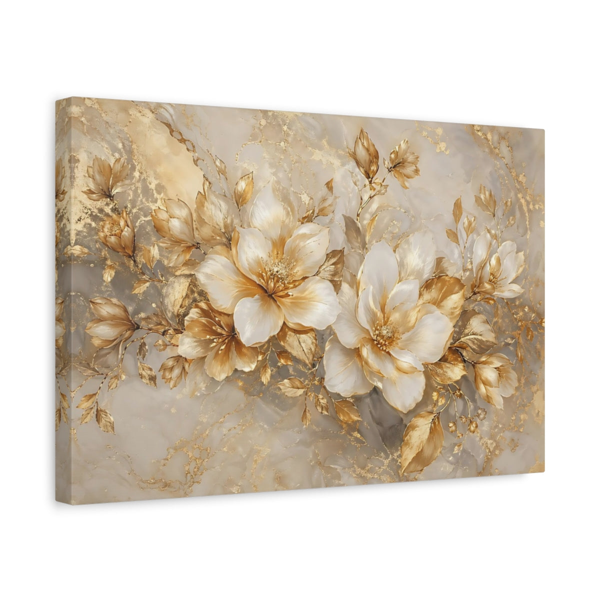 Side Mockup 4. Floral Golden Flowers Gold And White Floral shown as stretched canvas wall art