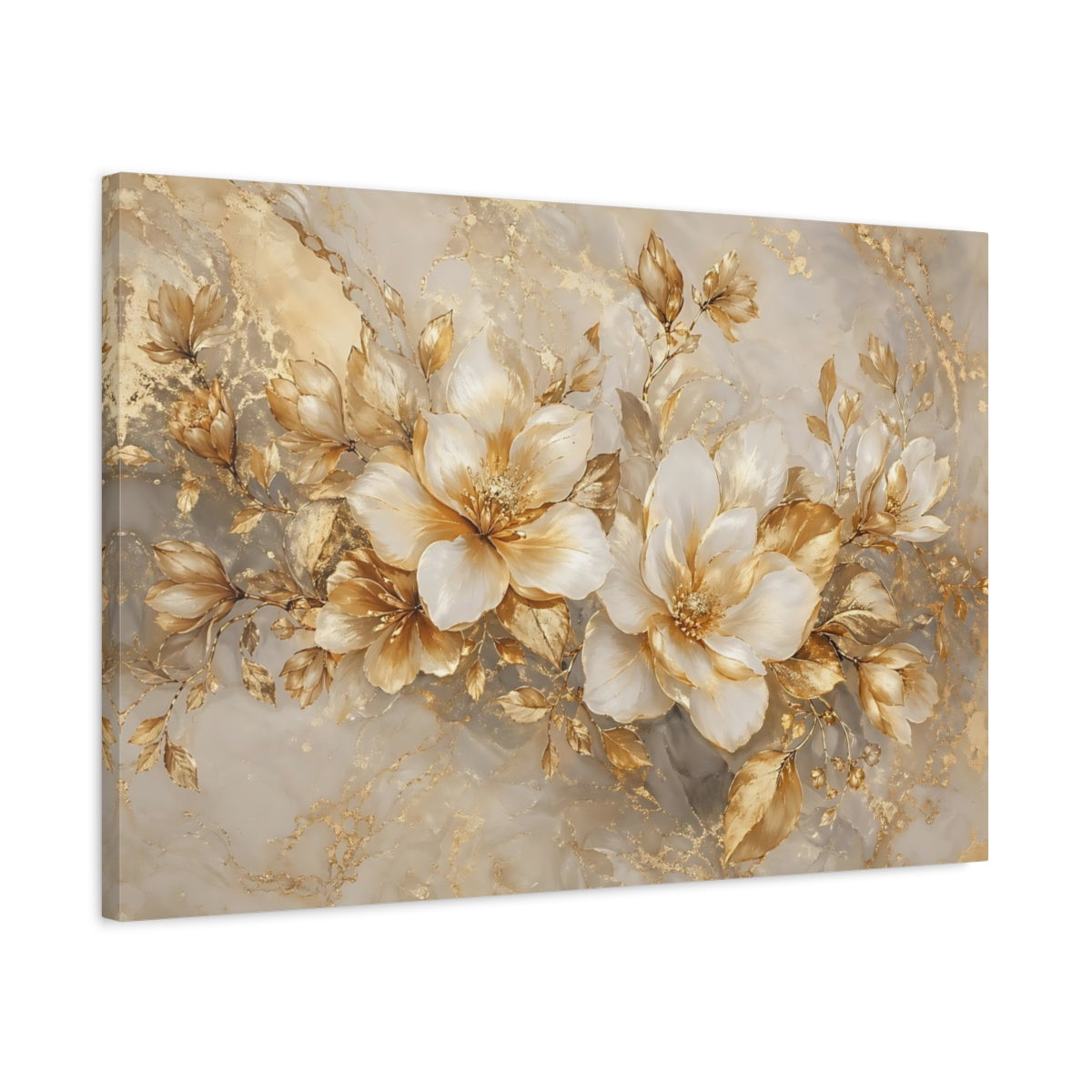 Side Mockup 2. Floral Golden Flowers Gold And White Floral shown as stretched canvas wall art