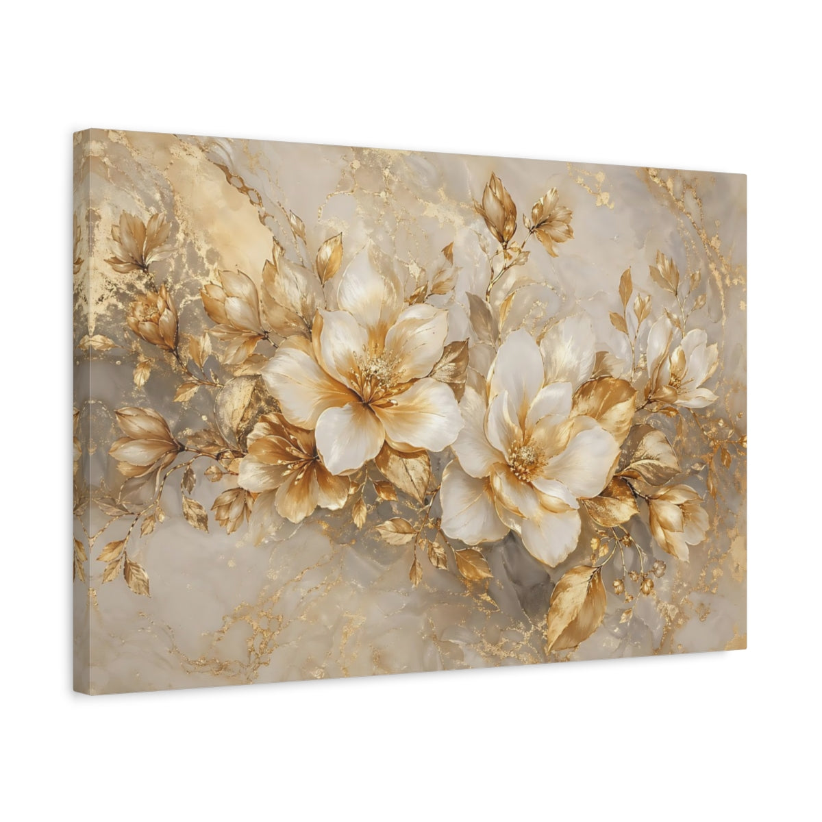 Side Mockup 3. Floral Golden Flowers Gold And White Floral shown as stretched canvas wall art