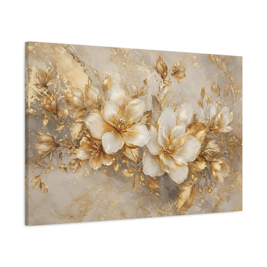 Main Mockup. Floral Golden Flowers Gold And White Floral shown as stretched canvas wall art