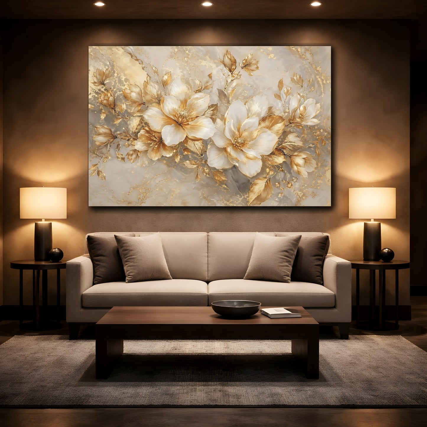 Mockup 2. Floral Golden Flowers Gold And White Floral shown as stretched canvas wall art